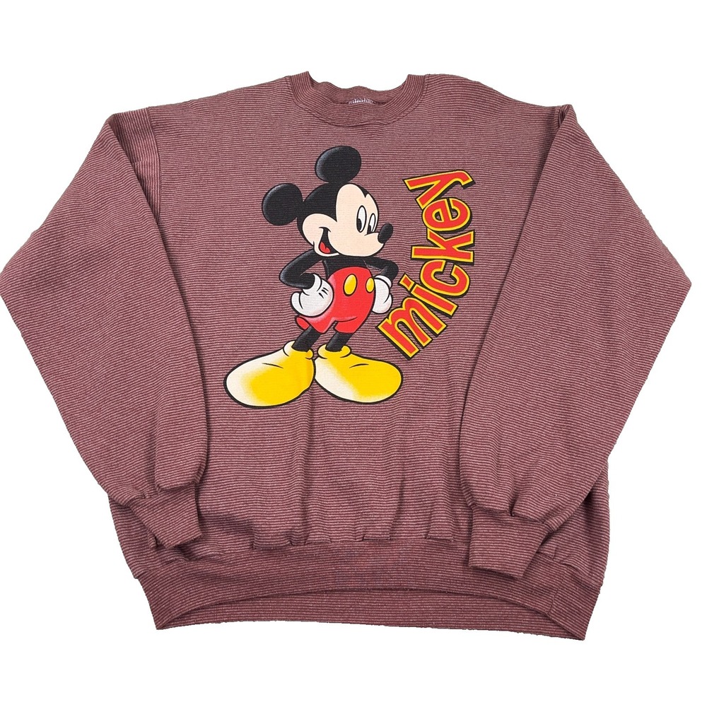Vintage Disney Sweatshirt Men XL Red Crewneck Mickey Mouse Striped Y2K 90s Adult